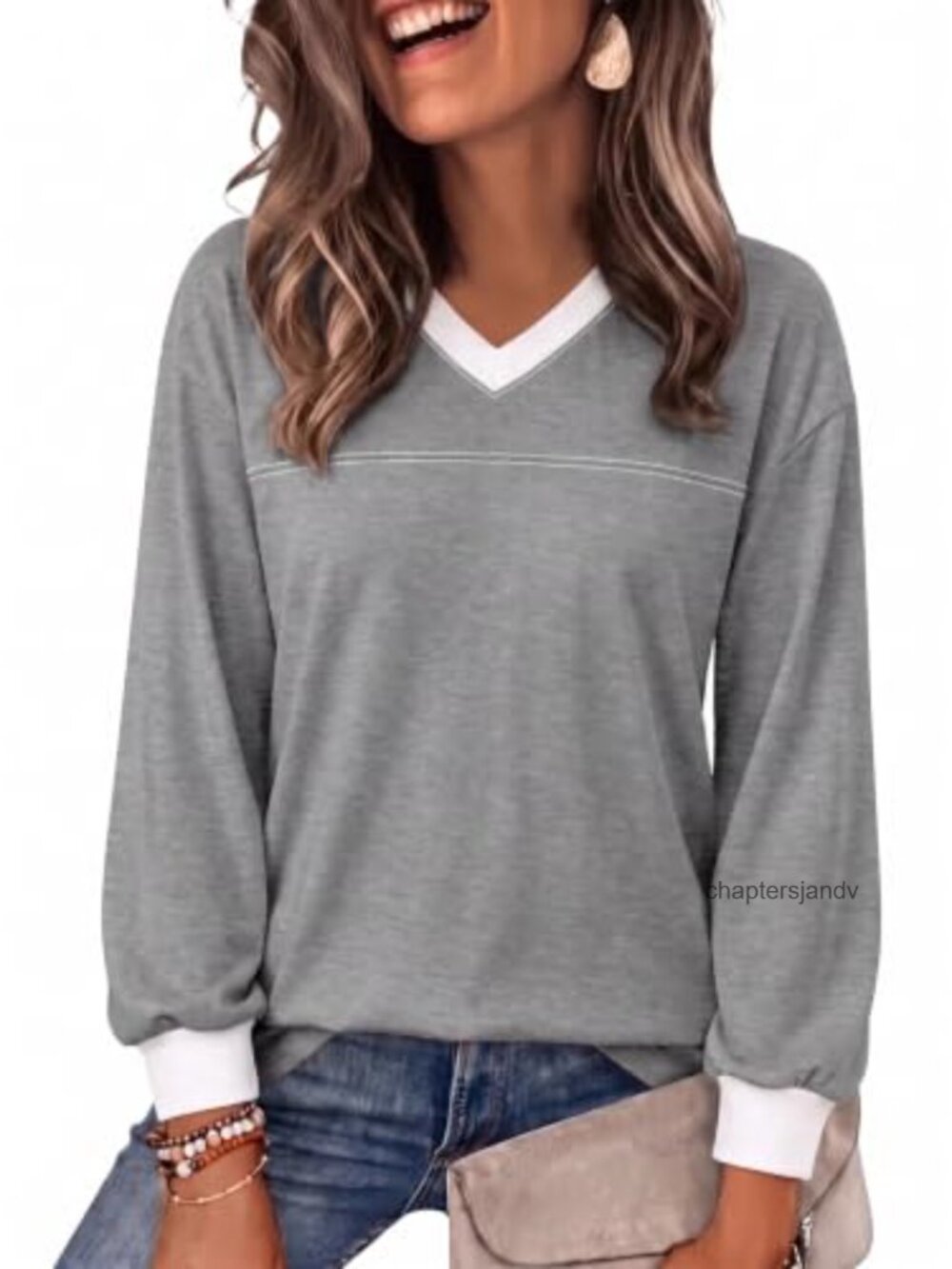 Oversized Long Sleeve V-Neck Tunic Tee Contrast Stitch Casual Top